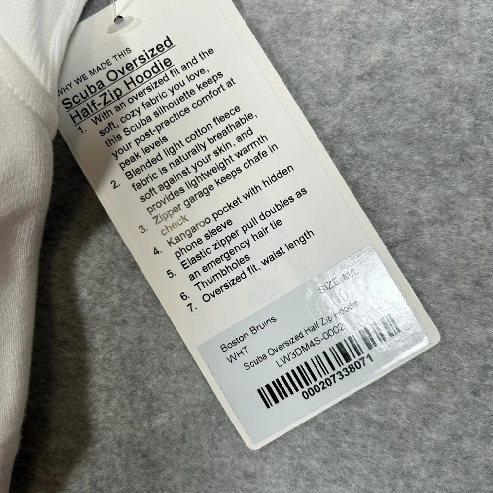 Lululemon Boston Bruins Scuba Hoodie Womens M/L White Oversized Half Zip NEW NET